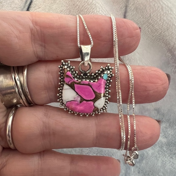 ❤️ Kingman Cotton Candy Turquoise Kitty Cat Western 925 Pendant 17” Necklace - Picture 4 of 13